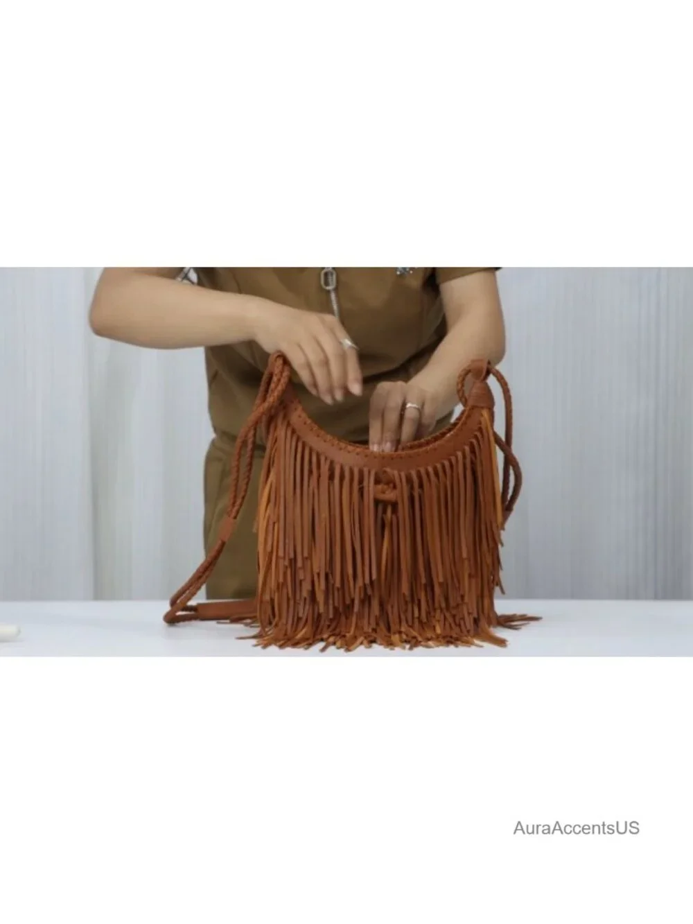 Vegan Faux Suede Leather Fringe Hobo Bag with Tassel Crossbody